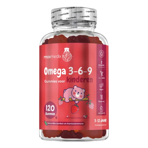 Omega 3-6-9 supplement voor kinderen - 120 aardbeien- en frambozensmaak gummies - maxmedix